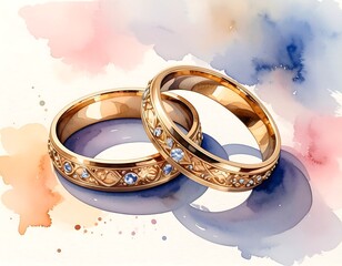 Elegant gold wedding rings watercolor illustration, symbolic union and love