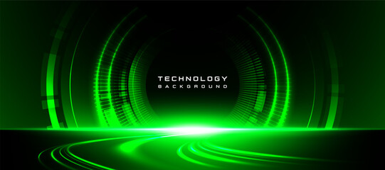 Green futuristic technology background with glowing neon arcs and digital light trails, perfect for innovation, tech, and sci-fi concepts. Modern abstract design suitable for presentations, banners
