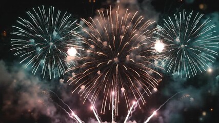 A trio of vibrant firework displaysone large orange and two tealexplode in a smoke-filled night sky with trails of sparks rising from below - Powered by Adobe