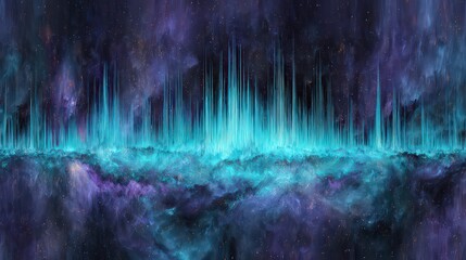 Abstract Luminous Blue Vertical Lines on Dark Cosmic Background with Purple Hues and Scattered Stars A Captivating Sonic Waveform Representation