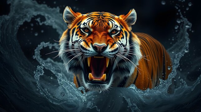 A ferocious tiger emerging from water with bared fangs and a menacing glare in the dark background