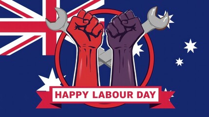 Naklejka premium Happy labour day australia with wrench and raised fists