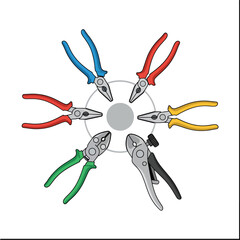 Collection of Various Pliers Arranged in a Circle.