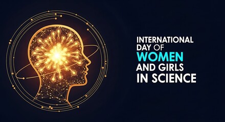 International day of women and girls in science concept human head with brain and atom model isolated on dark blue background holiday celebrated every year