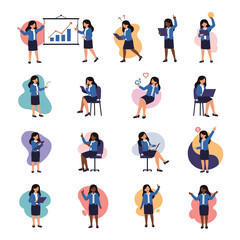 Fototapeta premium Illustrations of diverse businesswomen in various professional settings, showcasing multitasking, teamwork, innovation, and career growth in a dynamic workplace.