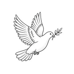 Obraz premium A gracefully depicted white dove, rendered in a classic stippling illustration style, flies with an olive branch in its beak, symbolizing peace and hope.