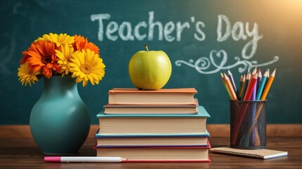 Teacher s day celebration with books apple flowers and pencils on blackboard background