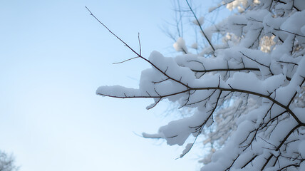 Snow-covered tree branches against a clear blue sky snow, winter, branches, tree, sky