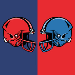 Two stylized American football helmets, one red and one blue, facing each other against a split blue and red background.