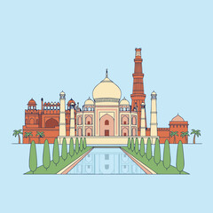 Stylized illustration of iconic Indian landmarks including the Taj Mahal, Red Fort, and Qutub Minar, with a reflective pool and trees.