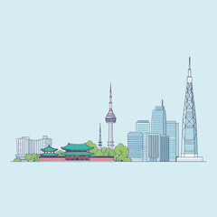 Obraz premium A minimalist vector illustration of the Seoul city skyline featuring traditional palaces, modern skyscrapers, and iconic towers against a light blue background.