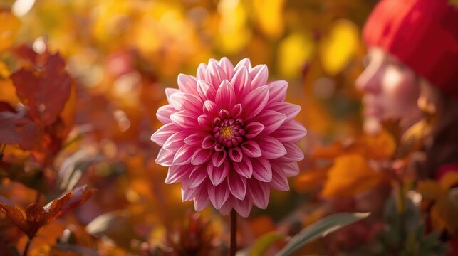 Close up of a vibrant pink dahlia flower in autumn foliage