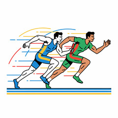 Obraz premium Two male athletes in a relay race, one passing a baton to the other on a track with speed lines.