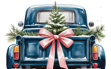 Vintage blue pickup truck decorated for christmas with a tree and pink bow