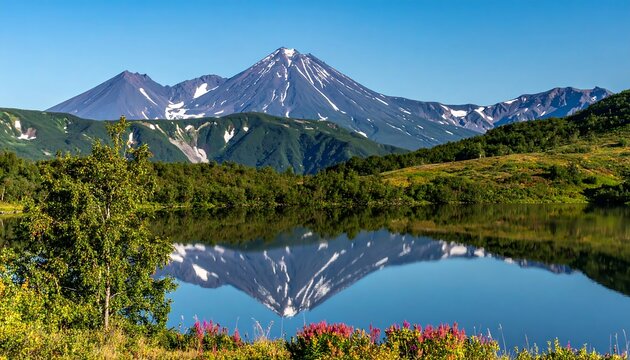 A serene landscape featuring a calm lake reflecting snow-capped peaks and lush green hills under a bright blue sky, with colorful flowers - Powered by Adobe