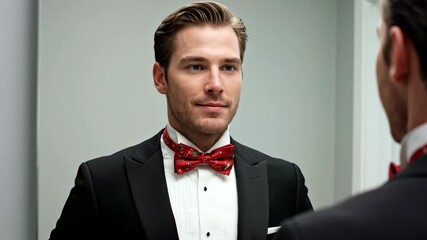 Handsome young man in tuxedo getting ready in front of mirror. Elegant gentleman adjusting his red bow tie for formal event or gala