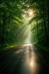Fototapeta premium Winding road through emerald forest canopy dappled sunlight and misty air evoke calm adventure and the quiet pull of the unknown
