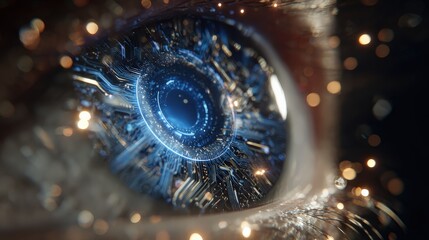 A close-up of an eye with intricate circuitry and a glowing blue core, symbolizing technology and vision.
