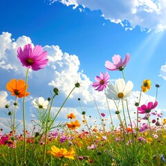A vibrant field of colorful flowers blooming under a bright, sunny, and partly cloudy sky, creating a cheerful, natural scene