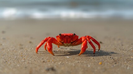 Bright red crab walking on a sandy beach with ocean waves in the background
