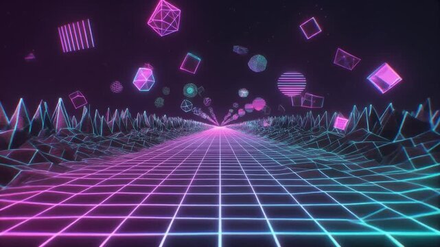 ネオンが描く近未来の幾何学グリッド空間