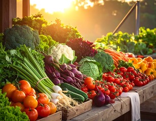 A vibrant farmers market display featuring a diverse assortment of fresh vegetables bathed in golden sunlight