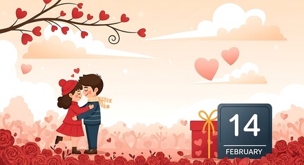 A happy couple embracing in a romantic valentines day scene with red roses, hearts, and a calendar indicating february 14th, creating a love filled atmosphere