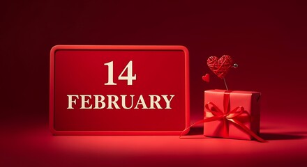 A red background with a sign that says 14 february and a gift with a heart on top, perfect for valentines day celebrations and romantic themes