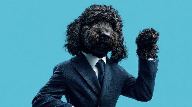 A humorous image of a dog in a business suit, posing confidently against a bright blue background.