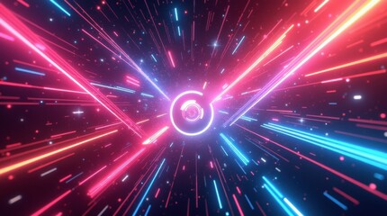 Abstract neon light tunnel with glowing geometric shapes and streaks