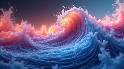 Dramatic ocean wave with vibrant pink and blue colors at sunset