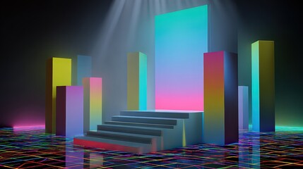 Abstract Podium Illuminated by Spotlight with Colorful Geometric Blocks and Stairs on Confetti Background