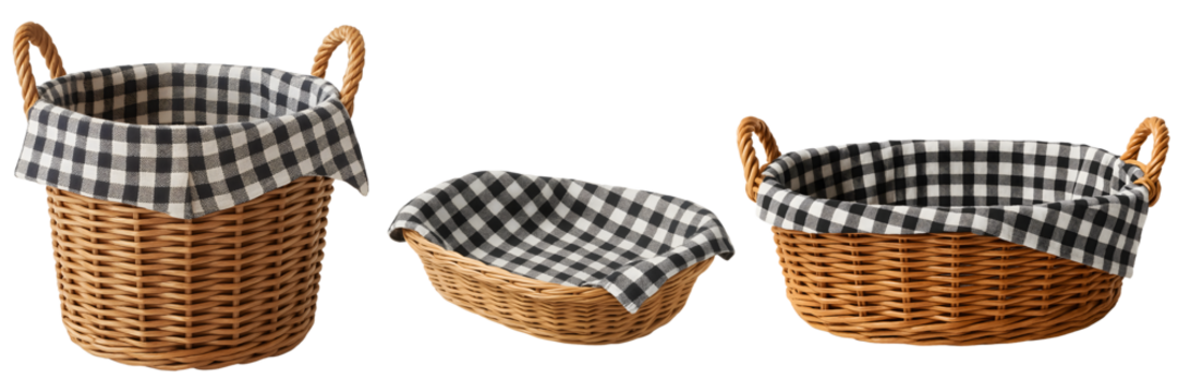 Wicker Storage Baskets with Gingham Cloth Liner Isolated on Transparent background