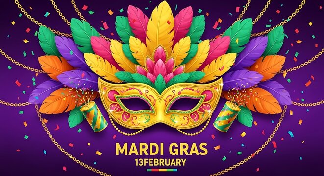 A vibrant mardi gras mask adorned with colorful feathers and confetti, set against a rich purple backdrop, celebrating the festive carnival season - Powered by Adobe
