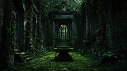 Ancient Stone Ruins Overgrown With Lush Greenery with a Dark and Mysterious Atmosphere