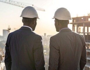 Two professionals in hard hats observing a construction site