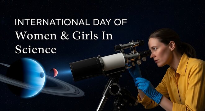 A woman looking through a telescope, celebrating the international day of women and girls in science, promoting stem education and empowerment