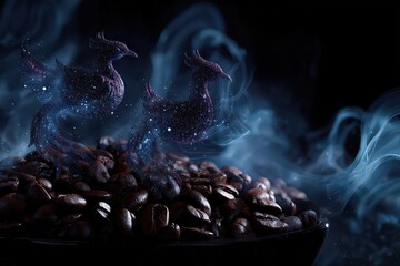 Aromatic Coffee Beans with Decorative Duck Sculptures and Floating Blue Glitter Against a Dark Background Under Atmospheric Lighting