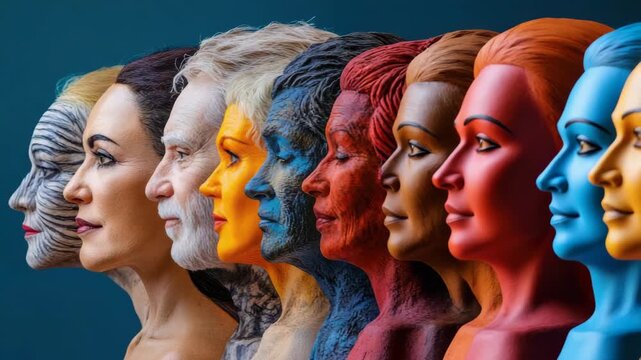 Side profiles of diverse individuals with colorful face paint symbolizing various concepts or identities against blue background