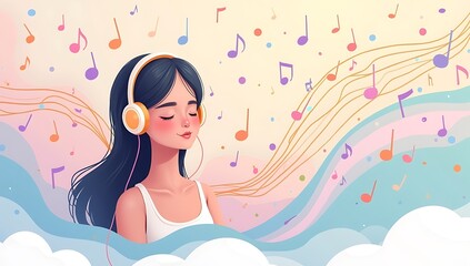 Soft conceptual clip-art of a character with floating musical notes turning into colorful shapes, headphones connected to abstract waves flowing outward. Calm pastel colors, smooth outlines.
