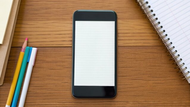A smartphone on a wooden desk surrounded by stationary items, including pencils and notebooks, suggesting a study or work environment.
