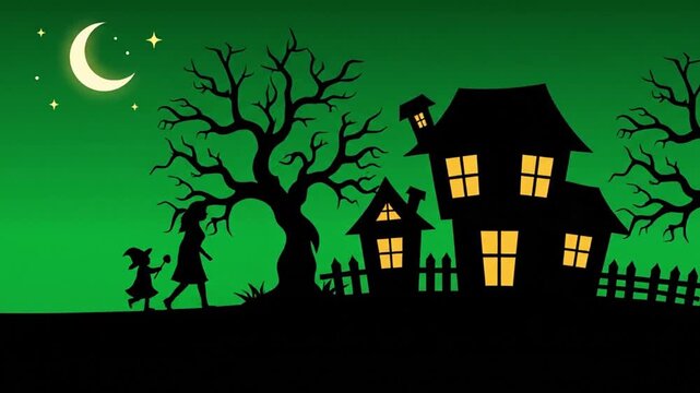 Silhouette of Mother and Child Walking Towards Haunted House.