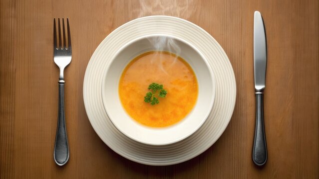 A steaming bowl of soup garnished with herbs, placed on a wooden table, accompanied by a fork and knife.