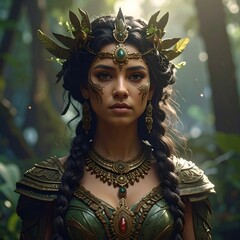 A woman with braids and elaborate green and gold jewelry stands amid lush foliage, sunlight dappling the scene