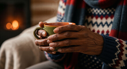 Close-up of senior black woman's hands holding steaming hot drink by cozy fireplace