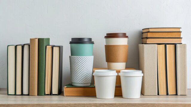 A cozy arrangement of books and coffee cups, blending elements of leisure and relaxation in a stylish setting.