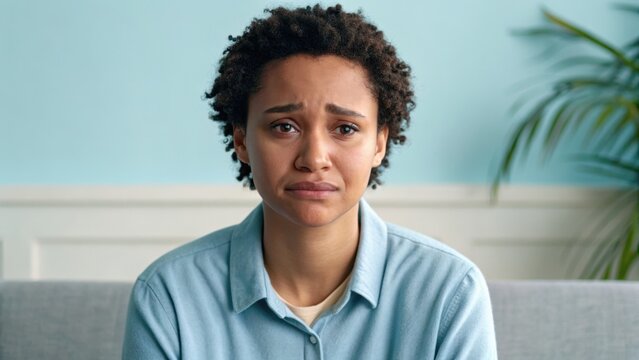 A young woman with curly hair looks sad and contemplative while sitting indoors, with a plant visible in the background. - Powered by Adobe
