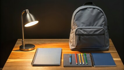 A study setup featuring a backpack, notebooks, colored pens, and a lamp on a wooden desk, creating an organized workspace ambiance.