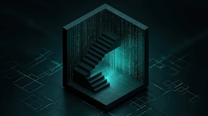 Abstract Stairway Ascending in Digital Cube Dark Environment with Data Stream, Blue and Black Tones, Modern Tech Concept