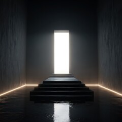 Abstract Staircase Leading to Bright Light in Dark Room with Reflection on Wet Floor